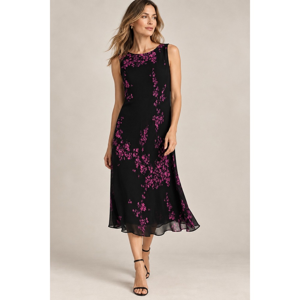 VTG 90s Jones New York Dress 8 Black Purple Floral Viscose Sleeveless Bias Cut